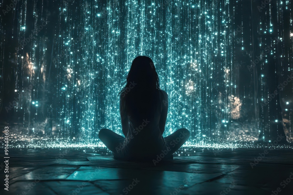 cyberspace sorceress weaving code into reality young programmers silhouette dissolves into streams of glowing data in a digital sanctum cyberspace sorceress weaving code into reality young programmers silhouette dissolves into streams of glowing data in a digital sanctum