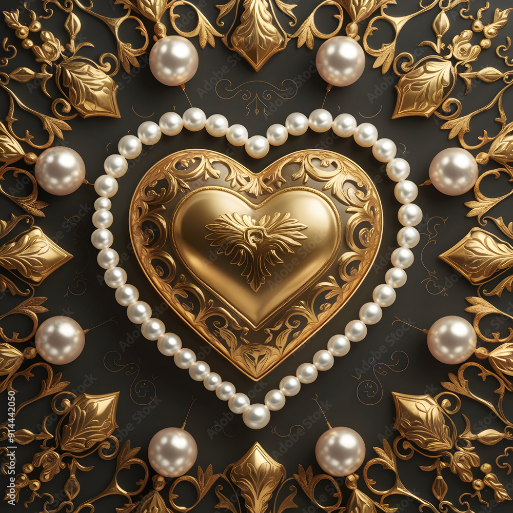 A gold heart surrounded by pearls on a black background A gold heart surrounded by pearls on a black background