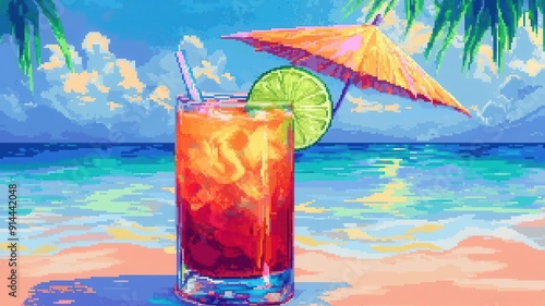 Pixel art of a cocktail glass with a tropical drink, vibrant colors, with a slice of lime and a little umbrella, set against a beachy background, perfect for summer promotions