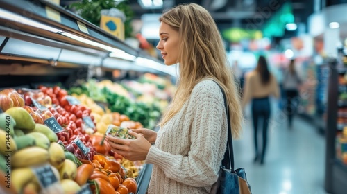 Fototapeta Naklejka Na Ścianę i Meble -  Young woman with tote bag picking fruits vegetable in grocery store supermarket Caucasian female long blonde hair