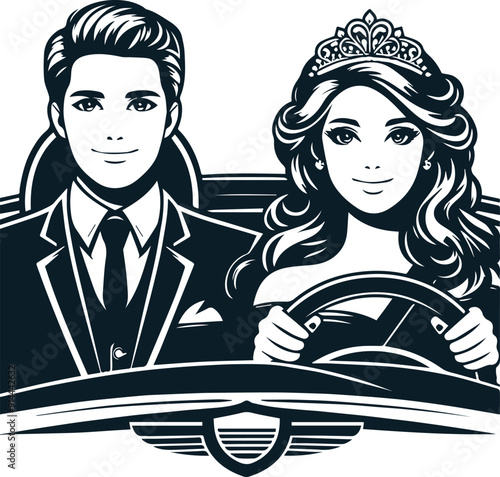 Vector logo design of man and woman driving a car. Suitable for automotive, travel, retro, and vintage themed designs.