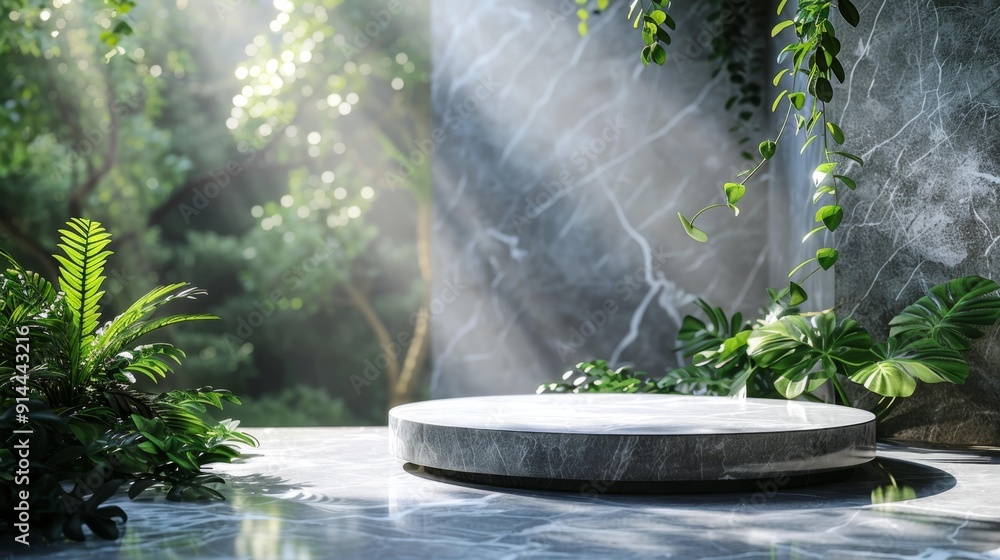 Marble platform in lush greenery with sunlight - generative ai Marble platform in lush greenery with sunlight - generative ai
