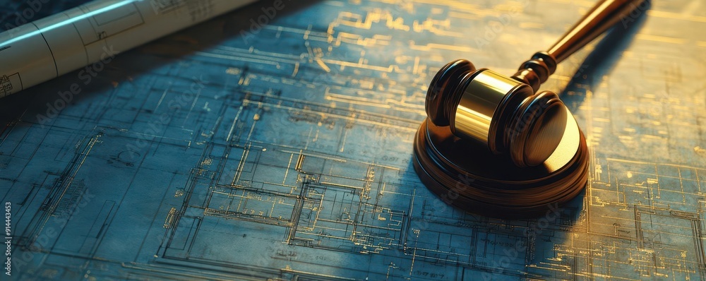 Obraz premium Judges gavel resting on a blueprint, symbolizing construction and justice, law and order