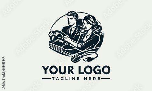 Vector logo design of man and woman driving a car. Suitable for automotive, travel, retro, and vintage themed designs.