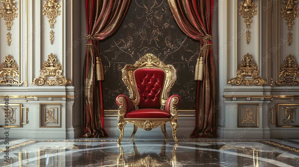An opulent red throne chair adorned with intricate gold details, elegantly set against a lavish, extravagant backdrop An opulent red throne chair adorned with intricate gold details, elegantly set against a lavish, extravagant backdrop