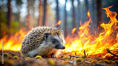 A hedgehog desperately trying to escape a forest fire, urging viewers to prevent fires in natural habitats , hedgehog photo