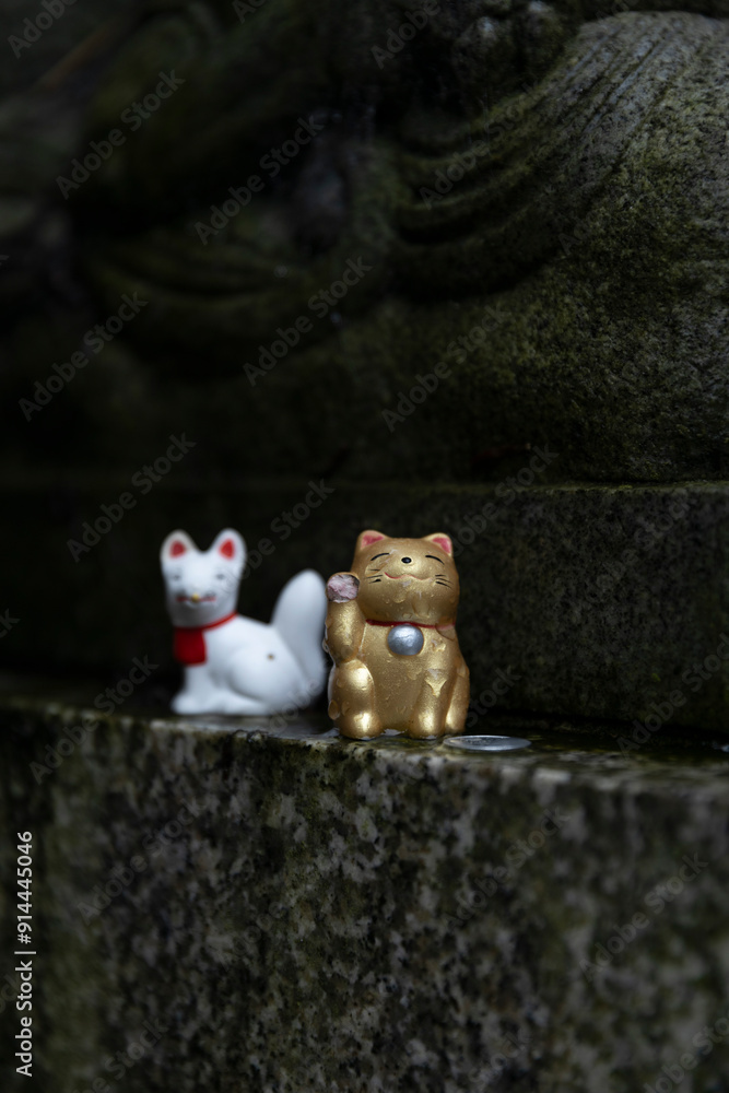 Fox and cat on a temple in Kyoto Fox and cat on a temple in Kyoto