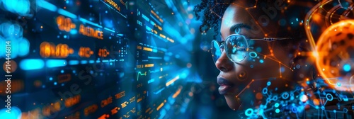 A woman wearing glasses looks intently at a screen filled with digital data and code. The background is a blur of glowing blue and orange lines. The image symbolizes innovation, technology, data analy