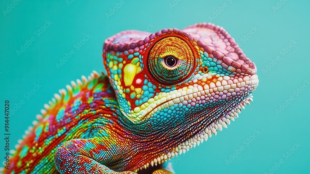 Obraz premium A vibrant, curious chameleon displays its colorful skin in this close-up photo, showcasing stunning patterns and intricate textures