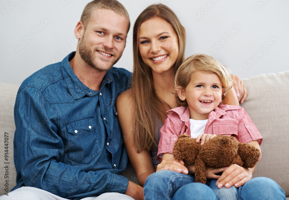 Family, son and portrait on couch hug, love and security in childhood or teddy bear for happiness. Boy, mother and father in embrace for support in relationship, connection and home for childcare Family, son and portrait on couch hug, love and security in childhood or teddy bear for happiness. Boy, mother and father in embrace for support in relationship, connection and home for childcare