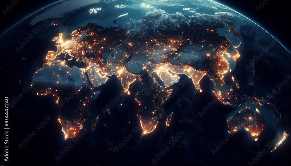 Illuminated World Map from Space with Glowing City Lights Illuminated World Map from Space with Glowing City Lights