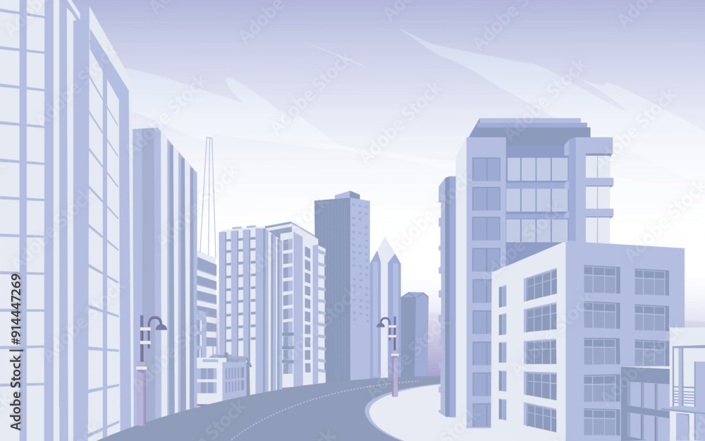 Light gray monotone cityscape background. City buildings with road and lamp pole. Monochrome urban landscape with clouds in the sky. Modern architectural 3D style vector illustration. Light gray monotone cityscape background. City buildings with road and lamp pole. Monochrome urban landscape with clouds in the sky. Modern architectural 3D style vector illustration.