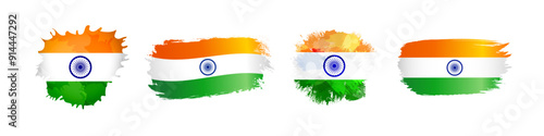 Set of abstract shapes with flag of India and clipping mask. 3D brushing stain creative design. Branding element. Advertising concept. Sport or travel symbol. T shirt graphic. Gift icon template.