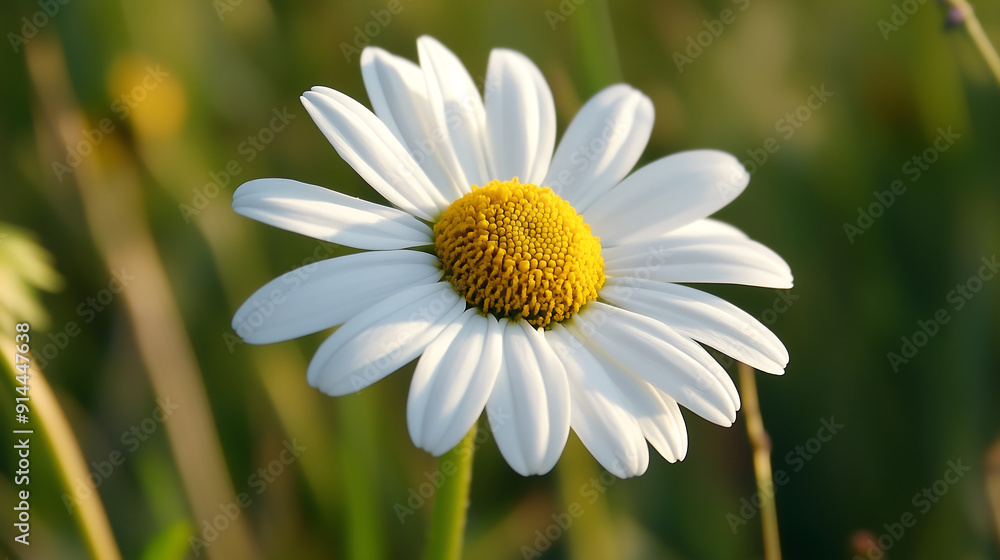 Obraz premium single white daisy with a yellow center, growing in the grassy meadow