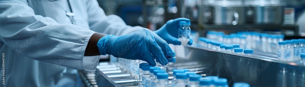 A worker in a lab coat and blue gloves carefully fills vials with a clear liquid on a conveyor belt, representing precision, quality control, pharmaceutical manufacturing, healthcare, and scientific p A worker in a lab coat and blue gloves carefully fills vials with a clear liquid on a conveyor belt, representing precision, quality control, pharmaceutical manufacturing, healthcare, and scientific p