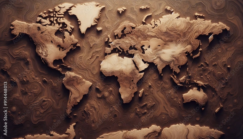 3D Layered Topographic World Map in Brown Tones with Contour Details 3D Layered Topographic World Map in Brown Tones with Contour Details