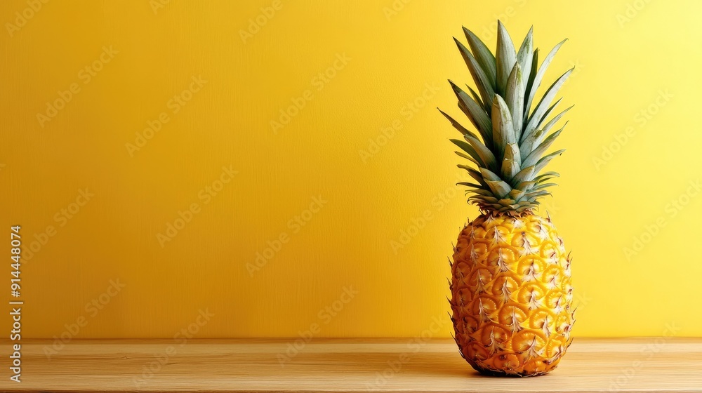 Close-up of a pineapple on a wooden table against a yellow wall, offering a vibrant and tropical visual with ample copy space. Close-up of a pineapple on a wooden table against a yellow wall, offering a vibrant and tropical visual with ample copy space.