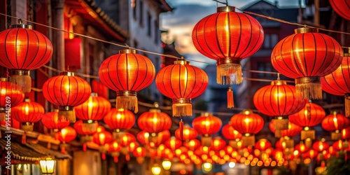 Red lanterns hanging over China Town at night , China Town, lanterns, red, traditional, night, vibrant, cultural, festive