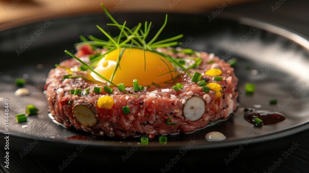 gourmet beef tartare with a quail egg yolk and chives, served on a chic black plate. Raw and refined delicacy.