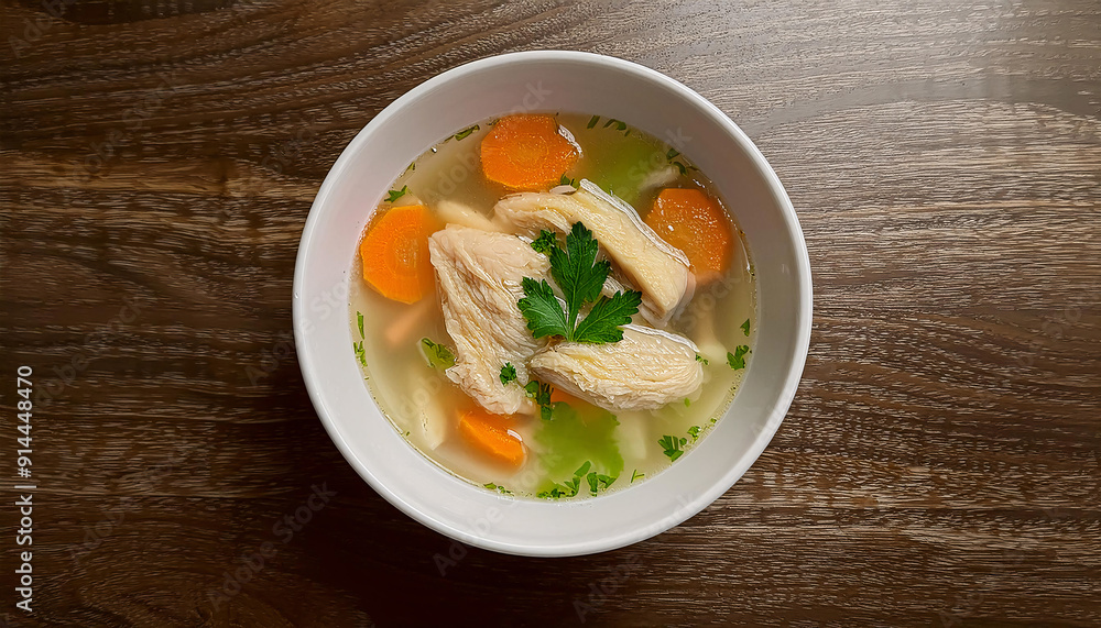 Creamy chicken soup with vegetables and parsley in a white bowl Creamy chicken soup with vegetables and parsley in a white bowl