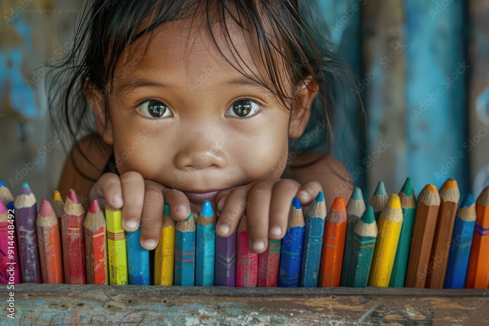 Child with a box of crayons, coloring in a picture book Child with a box of crayons, coloring in a picture book