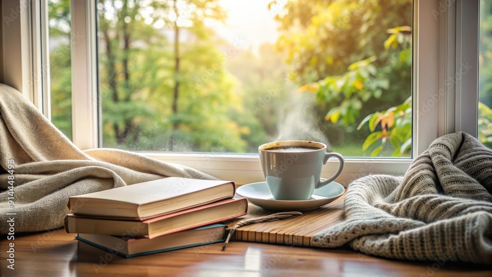 Serene morning with coffee, books, and cozy blanket by the window , peaceful, relaxing, calm, tranquil, morning, coffee, books Serene morning with coffee, books, and cozy blanket by the window , peaceful, relaxing, calm, tranquil, morning, coffee, books