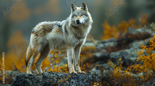 Captivating image of majestic gray wolf Canis lupus standing proudly rocky outcrop haunting howl echoing through forest asserts dominance untamed wilderness embodying essence of primal strength photo