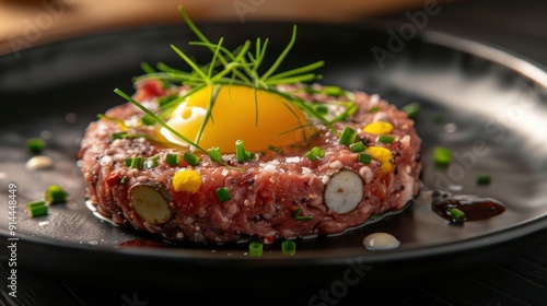 Obraz na płótnie gourmet beef tartare with a quail egg yolk and chives, served on a chic black plate. Raw and refined delicacy. w salonie
