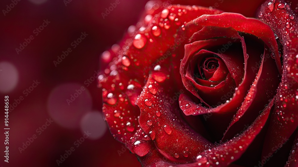 Close-up of a red rose in full bloom, with dewdrops on its petals, creating a vibrant and romantic background with ample copy space. Close-up of a red rose in full bloom, with dewdrops on its petals, creating a vibrant and romantic background with ample copy space.