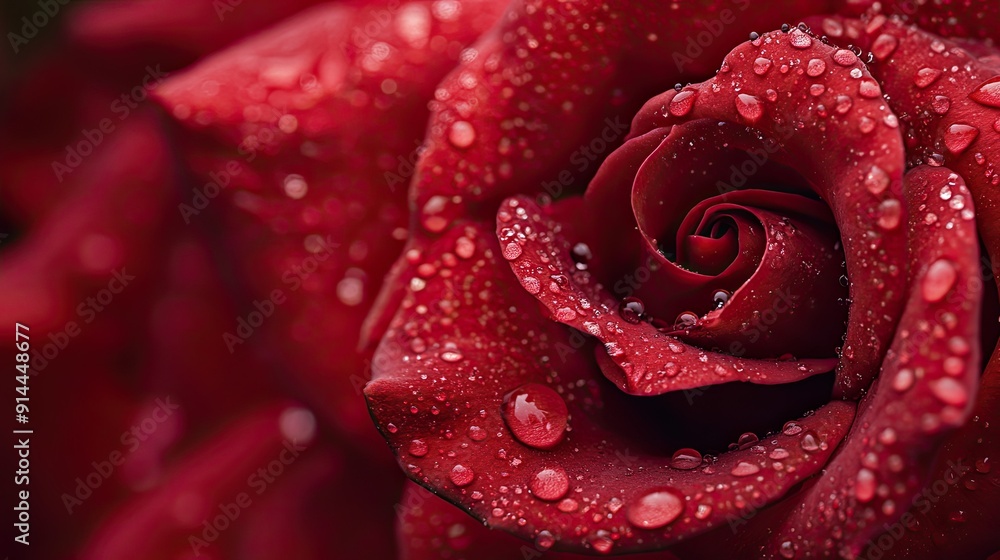 Close-up of a red rose in full bloom, with dewdrops on its petals, creating a vibrant and romantic background with ample copy space. Close-up of a red rose in full bloom, with dewdrops on its petals, creating a vibrant and romantic background with ample copy space.