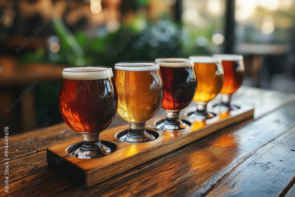 eclectic beer tasting flight on rustic wooden table varied glass shapes rich amber to dark stout hues soft window light inviting pub atmosphere eclectic beer tasting flight on rustic wooden table varied glass shapes rich amber to dark stout hues soft window light inviting pub atmosphere