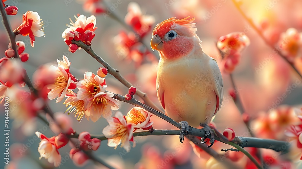 Charming image of Cockatiel Nymphicus hollandicus perched blossoming branch of flowering tree surrounded delicate petal tiny bud full bloom Charming image of Cockatiel Nymphicus hollandicus perched blossoming branch of flowering tree surrounded delicate petal tiny bud full bloom