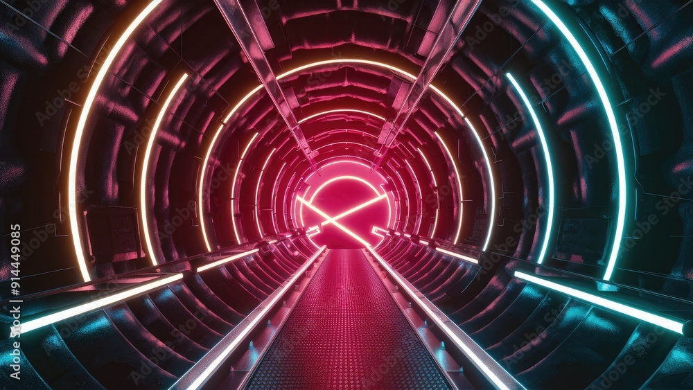 Futuristic tunnels and pipes with circular stages illuminated by neon ...