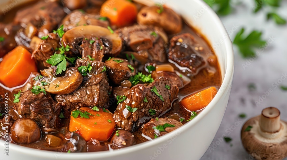 Closeup and sharply focused shot of rich beef bourguignon with mushrooms and carrots, garnished with fresh parsley, served in a minimalist white bowl. French culinary classic. Closeup and sharply focused shot of rich beef bourguignon with mushrooms and carrots, garnished with fresh parsley, served in a minimalist white bowl. French culinary classic.