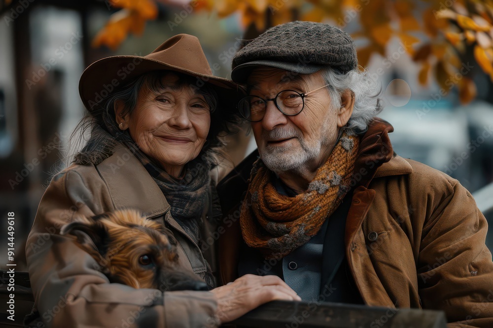 Fototapeta premium Elderly couple with a dog, sitting on a bench and watching the world go by