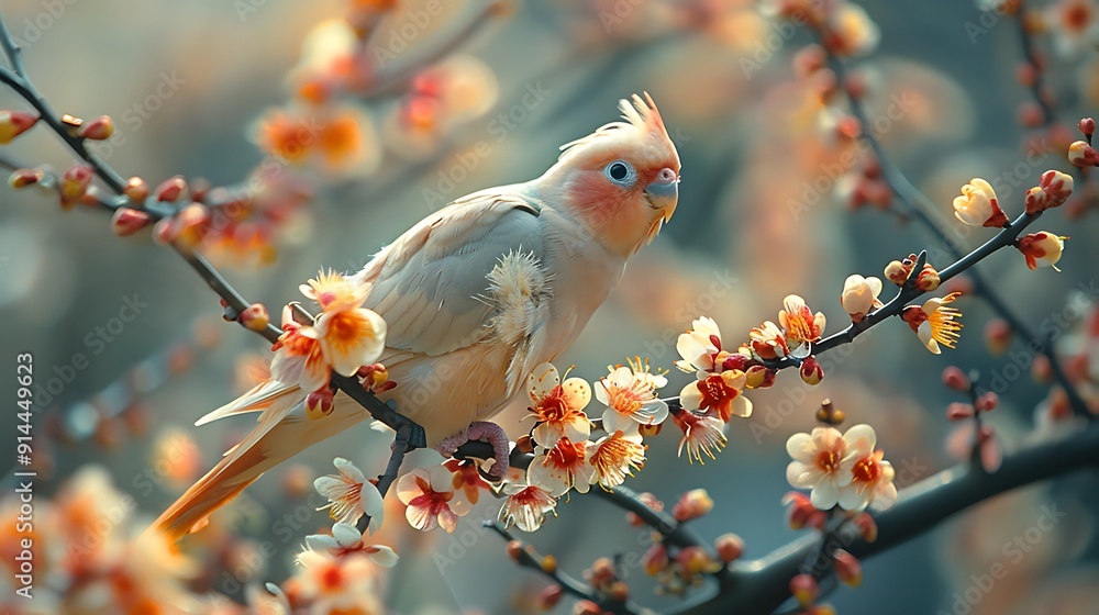 Charming image of Cockatiel Nymphicus hollandicus perched blossoming branch of flowering tree surrounded delicate petal tiny bud full bloom Charming image of Cockatiel Nymphicus hollandicus perched blossoming branch of flowering tree surrounded delicate petal tiny bud full bloom