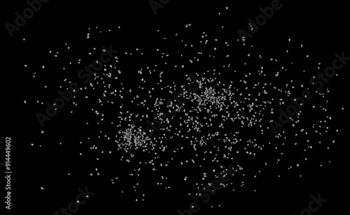Pile, scattered quartz sand isolated on black background and texture, pattern and clipping	