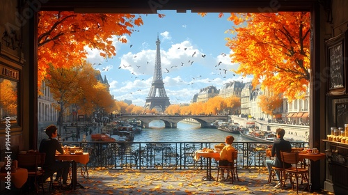 Delightful Parisian cafe scene with animated characters enjoying pastries coffee and a picturesque city backdrop photo