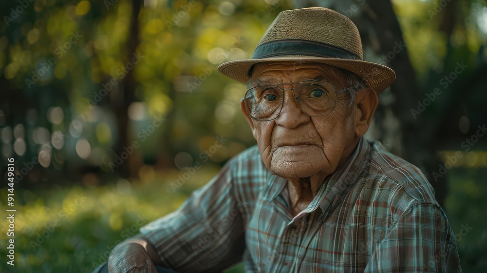 Elderly man with a cane, reminiscing in a quiet park Elderly man with a cane, reminiscing in a quiet park