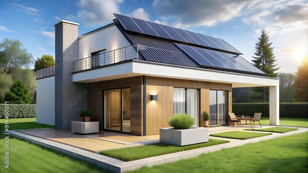 Modern Minimalist Home with Solar Panels and Heat Pump AI Generated Modern Minimalist Home with Solar Panels and Heat Pump AI Generated