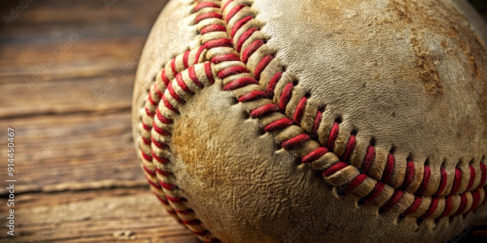 Fototapeta premium Weathered vintage baseball with worn stitching and dirt stains, vintage, baseball, weathered, stitching, dirt stains, sports, old