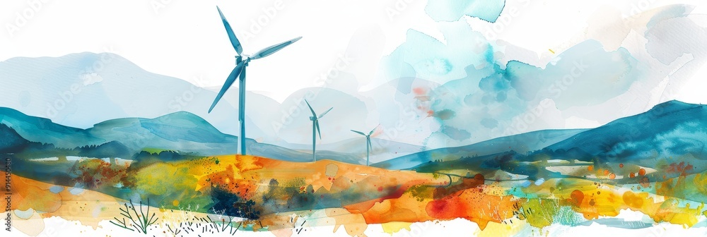 This watercolor painting depicts a serene landscape with wind turbines ...