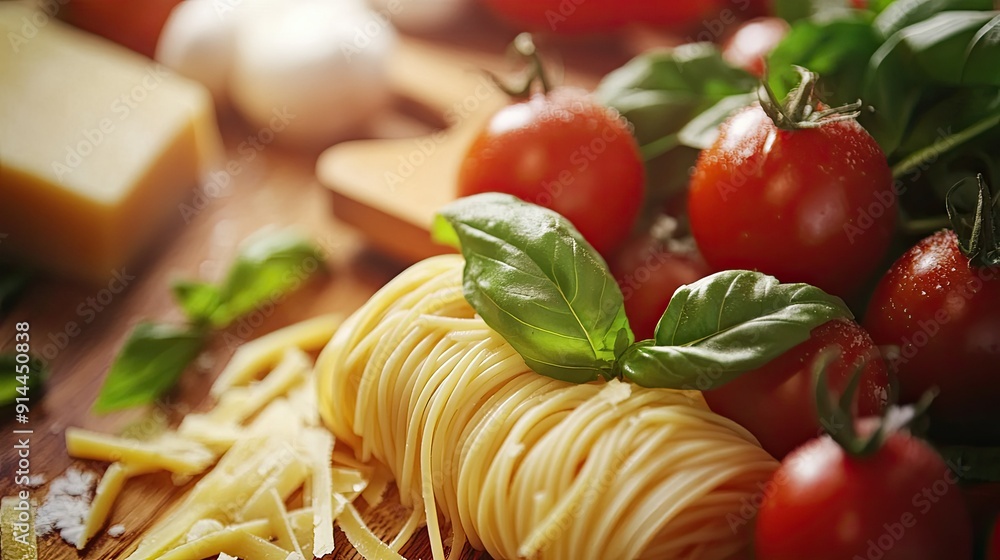 Close-up of Italian food ingredients, offering a vibrant and authentic scene perfect for food themes with plenty of room for text. Close-up of Italian food ingredients, offering a vibrant and authentic scene perfect for food themes with plenty of room for text.