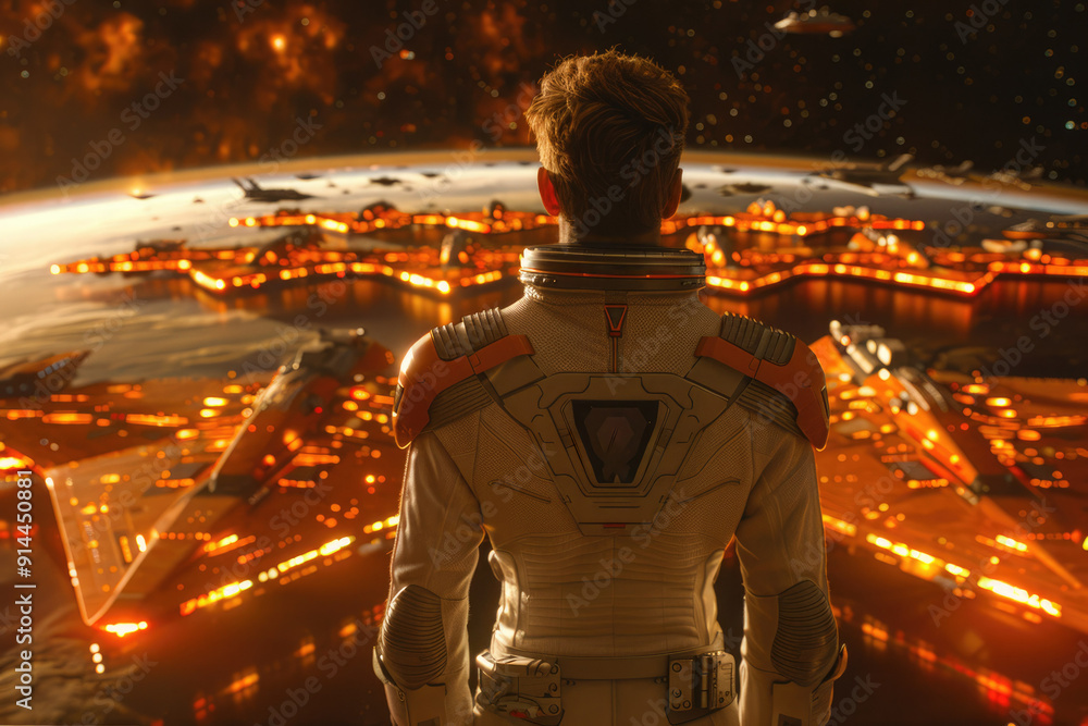A man dressed in a space suit is gazing thoughtfully at the earth A man dressed in a space suit is gazing thoughtfully at the earth