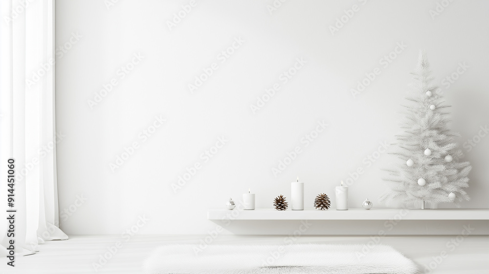 Fototapeta premium A white room with a white Christmas tree and candles on a shelf