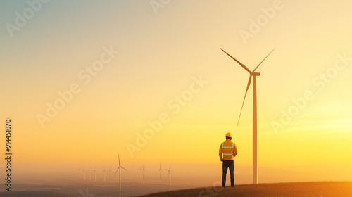 A man in a yellow safety vest stands in front of a wind turbine