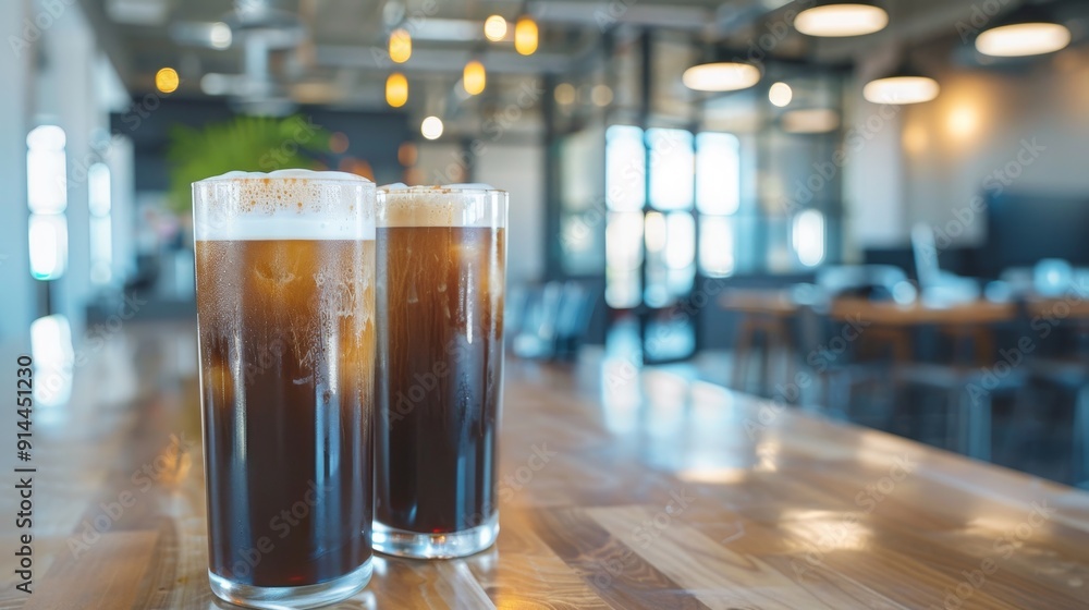 Two tall glasses of iced coffee with ice cubes sit on a wooden table in a cafe, symbolizing refreshment, relaxation, caffeine, and a cozy atmosphere. Two tall glasses of iced coffee with ice cubes sit on a wooden table in a cafe, symbolizing refreshment, relaxation, caffeine, and a cozy atmosphere.