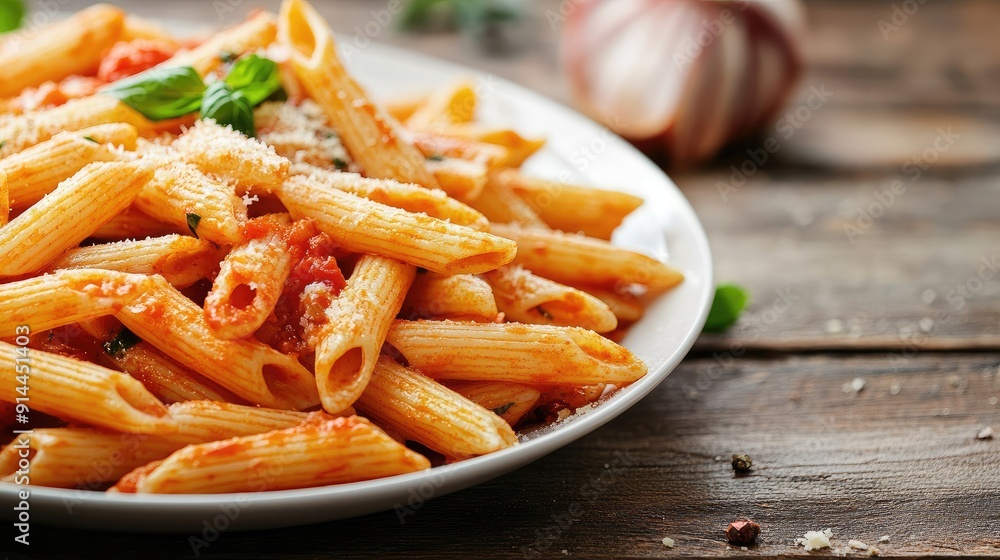 Close-up of penne arrabiata with spicy sauce on a table, offering a delicious and traditional Italian dish visual with ample copy space. Close-up of penne arrabiata with spicy sauce on a table, offering a delicious and traditional Italian dish visual with ample copy space.