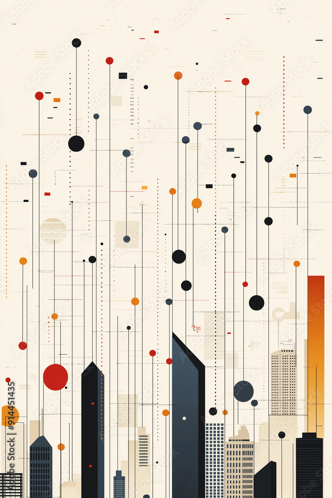 A cityscape with many buildings and a lot of dots A cityscape with many buildings and a lot of dots