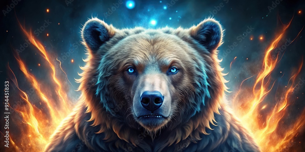 Fierce bear with glowing blue eyes engulfed in ethereal flames, bear, fierce, glowing, blue eyes, ethereal, flames Fierce bear with glowing blue eyes engulfed in ethereal flames, bear, fierce, glowing, blue eyes, ethereal, flames